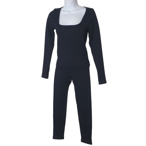 Womens Full Bodycon Jumpsuit M Black Stretchy Long Sleeve Square Neck Clubwear - Picture 1 of 4